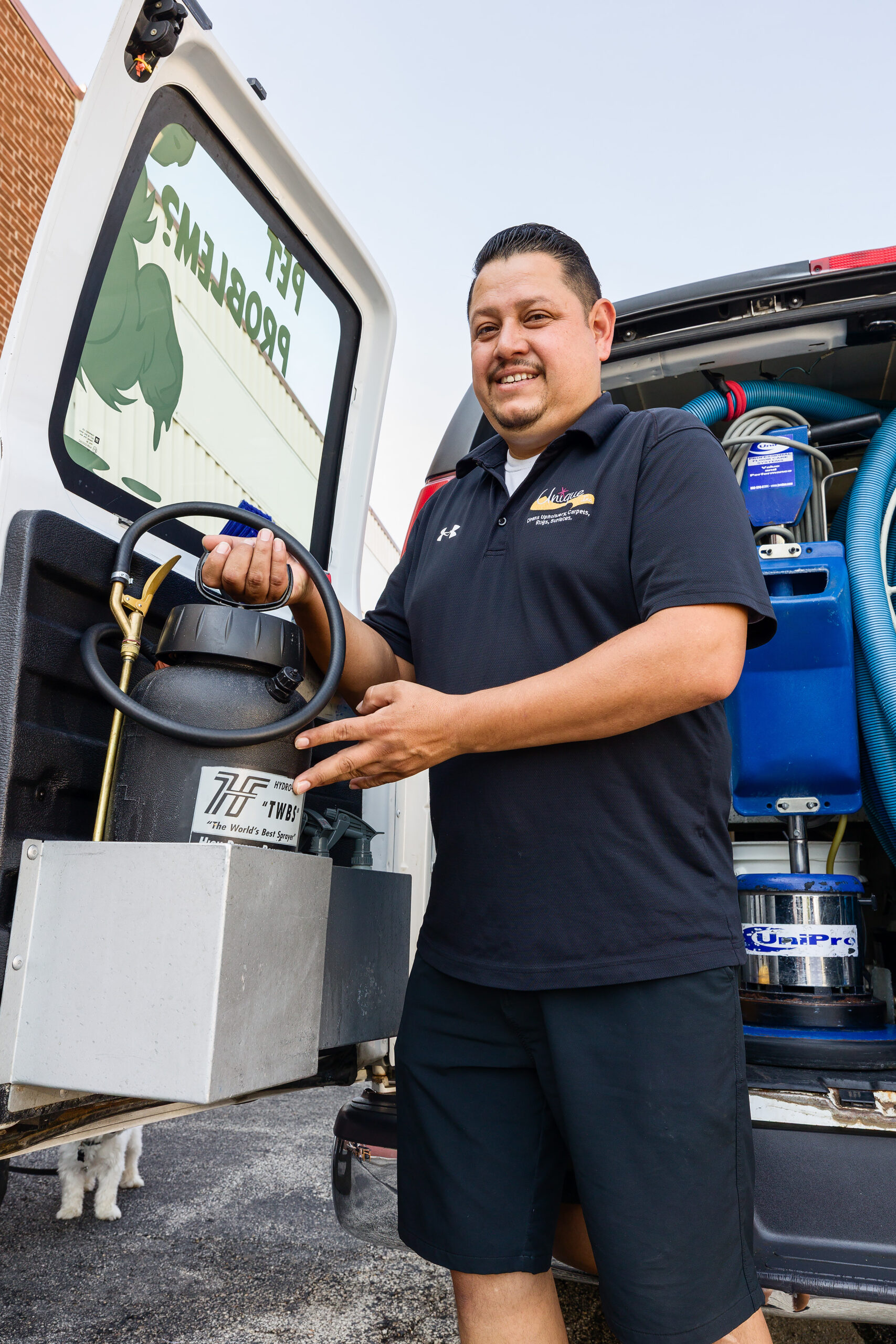 Professional truck-mounted carpet cleaning equipment used for hot water extraction that kills dust mites